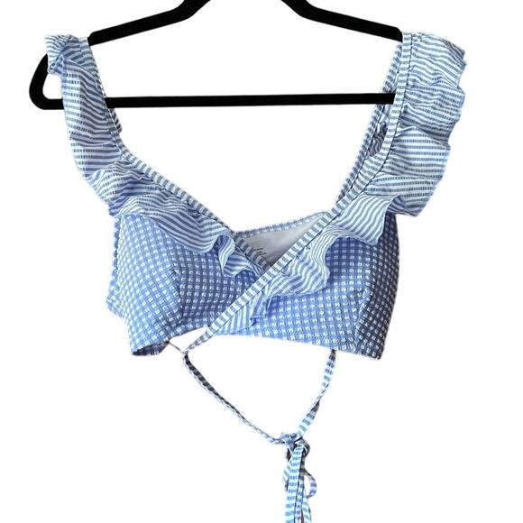 NWOT Aerie Women's Gingham Seersucker Scoop Wrap Bikini Top Blue Size Large - Picture 1 of 8